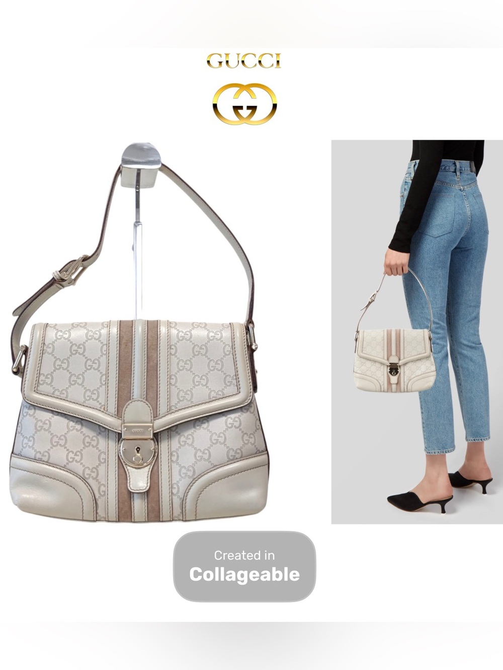 👜 GUCC Guccissima GG Shoulder Bag Sherry Line Off White Leather Taupe Authentic